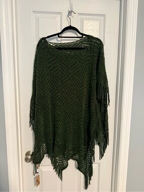 Open-Knit Fringe Poncho Sweater in Olive Green